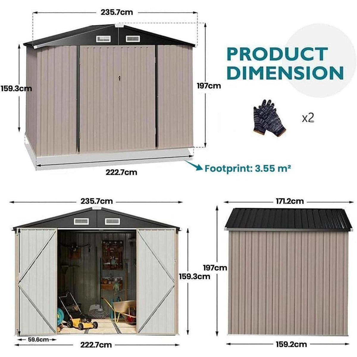 Gerätehaus Metall 236x171cm – Schuppen mit Belüftung & abschließbar