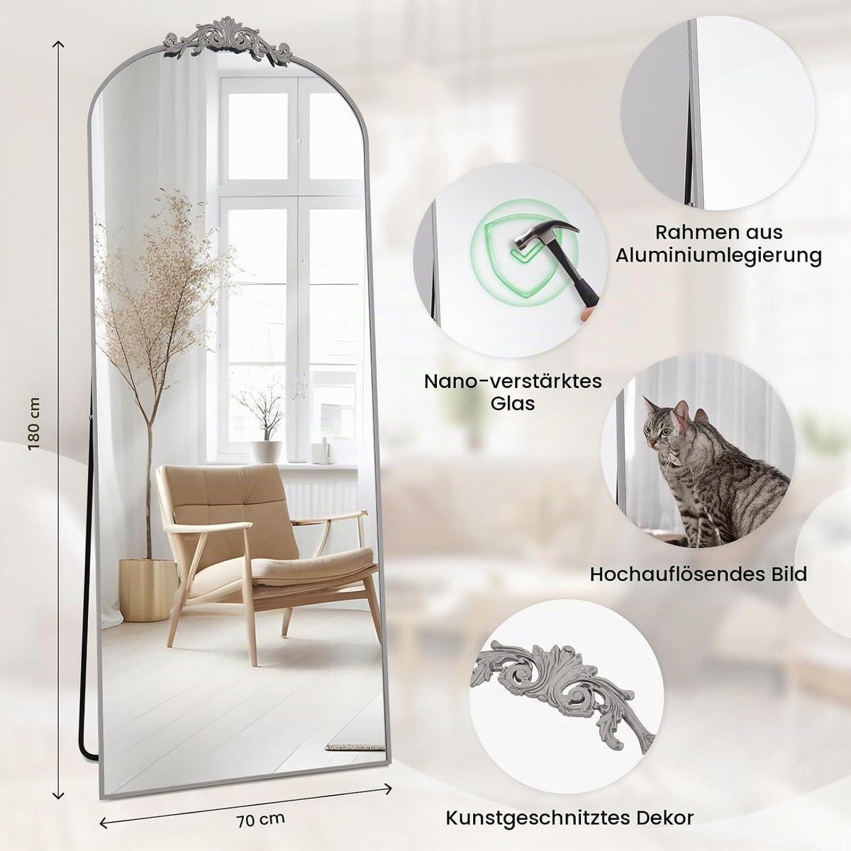 Vintage Standspiegel 180x76cm mit filigraner Applikation