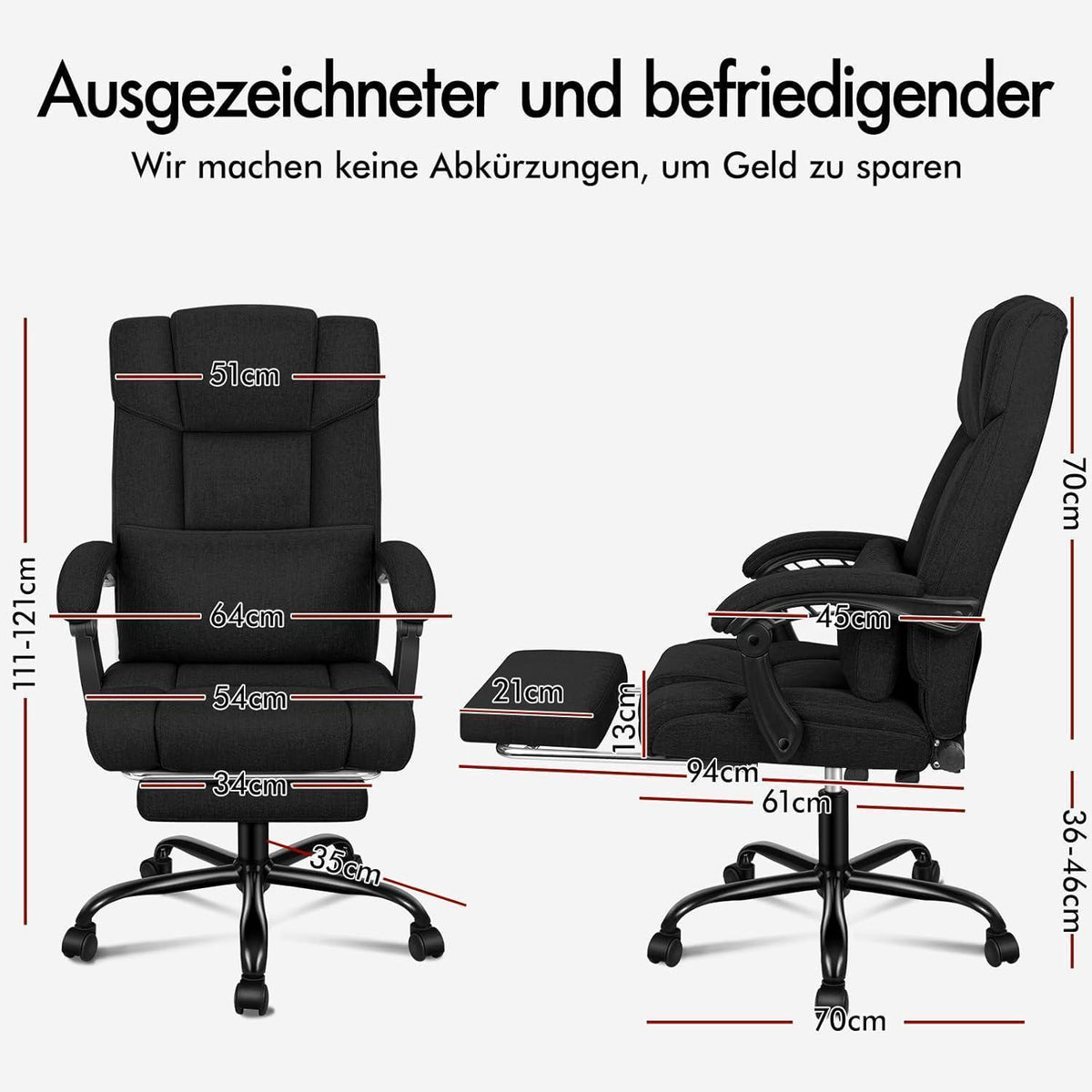 Ergonomischer Bürostuhl mit Hochlehner und Fußstütze, Schwarz