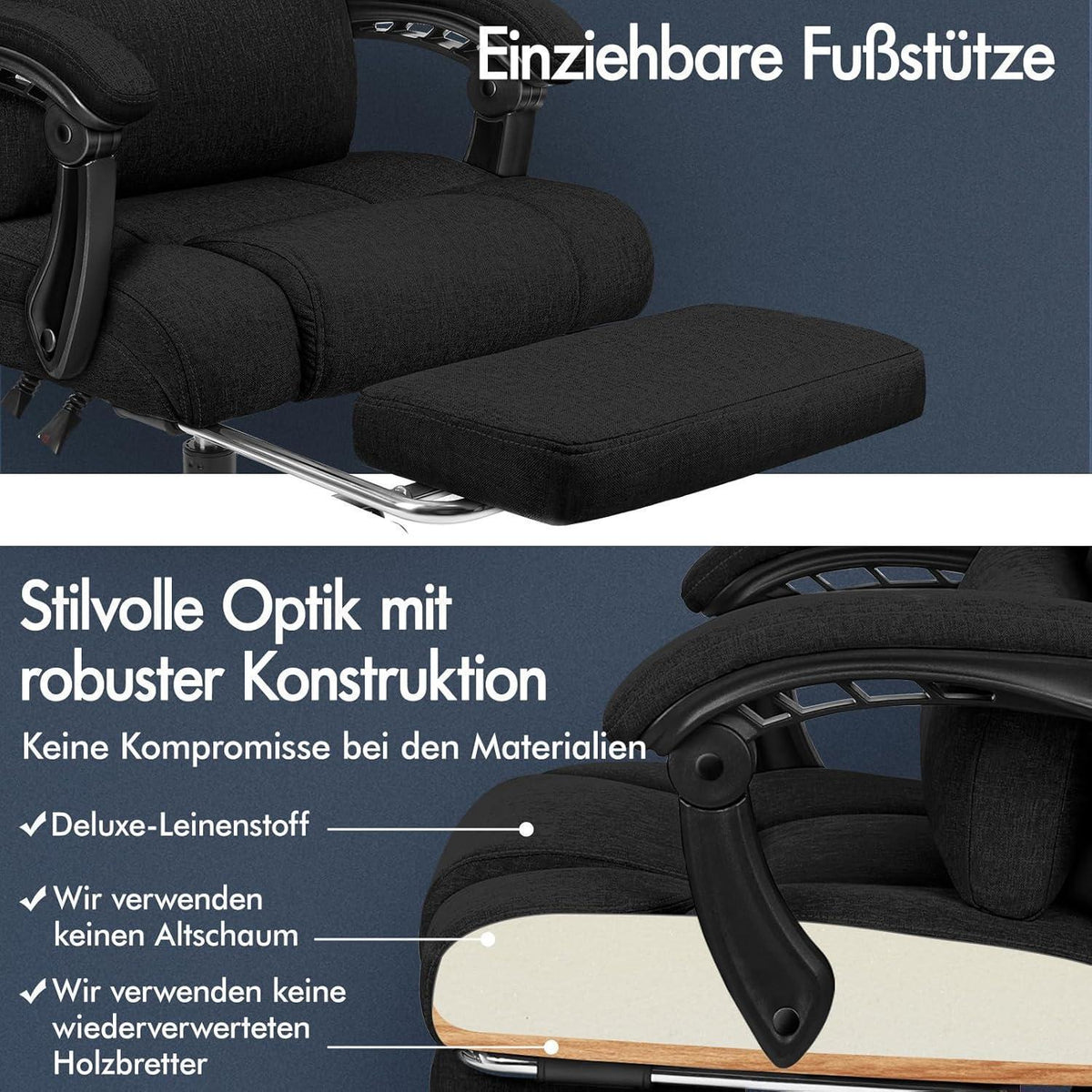 Ergonomischer Bürostuhl mit Hochlehner und Fußstütze, Schwarz