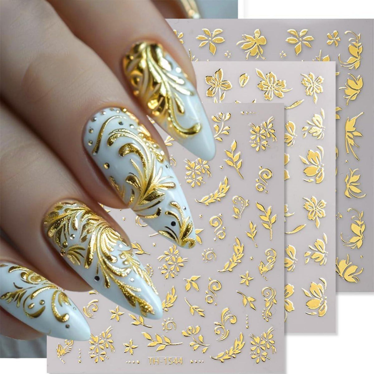 Nagelsticker Goldene Blumen – 8 Blatt Nail Art Aufkleber