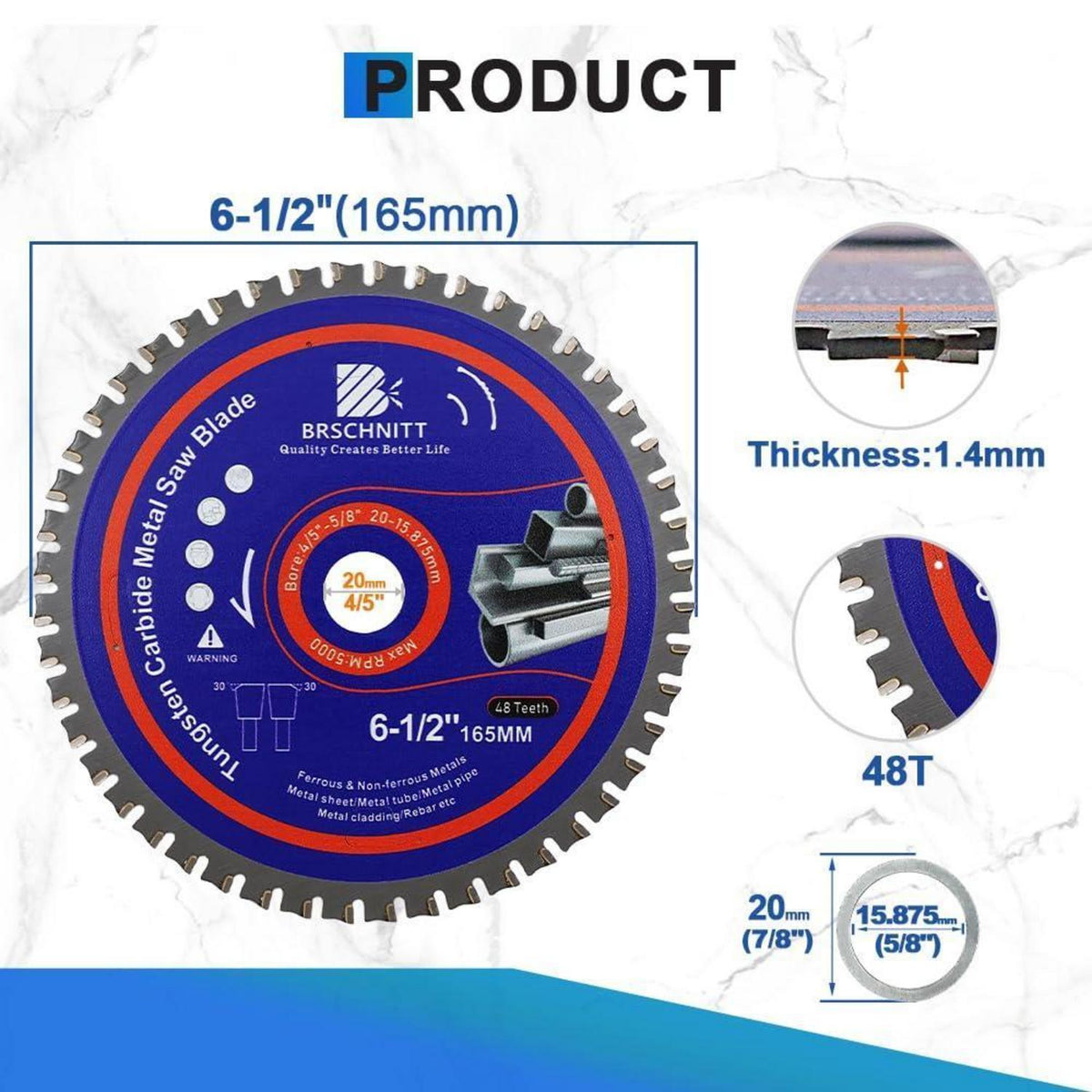 Kreissägeblatt Metall 165mm 48T TCT 20/15.875mm 10 Stück