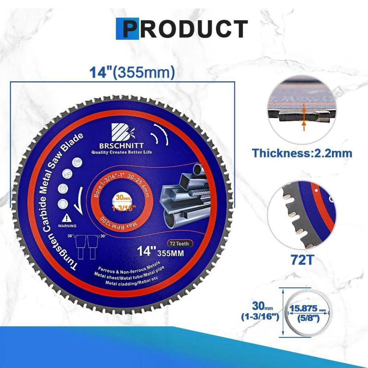 Kreissägeblatt Metall 355mm 72T TCT für Stahl & Nichteisenmetalle