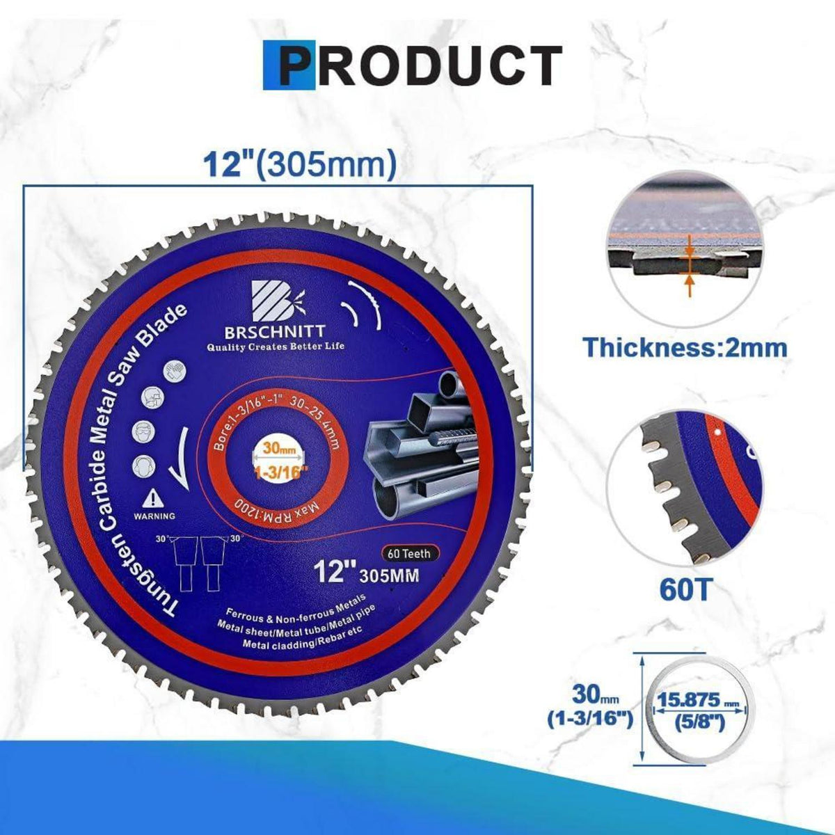 Kreissägeblatt Metall 305mm 60T TCT für Stahl, Aluminium, Kupfer