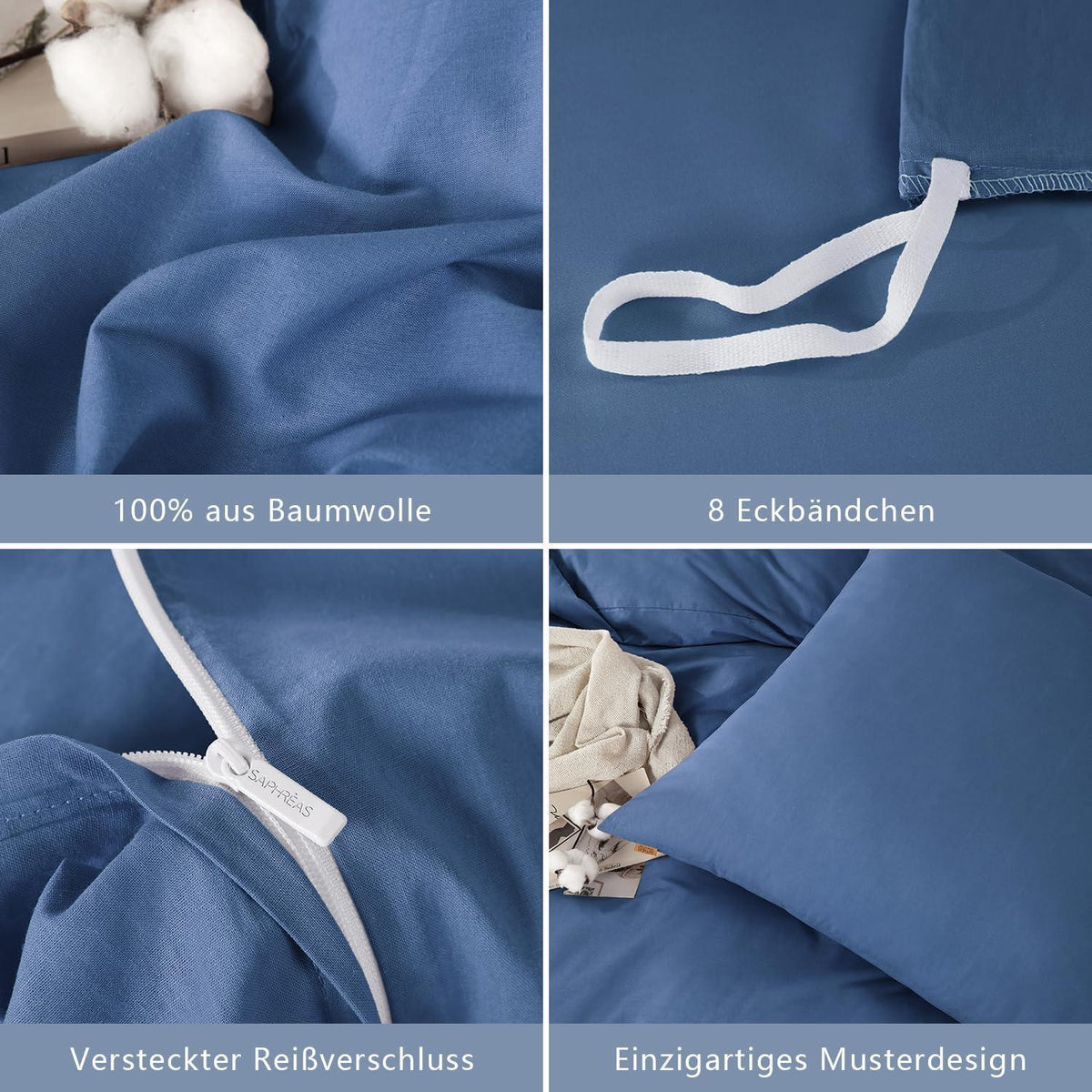 3tlg. Marineblau Bettwäsche-Set 200x220cm, Washed Baumwolle