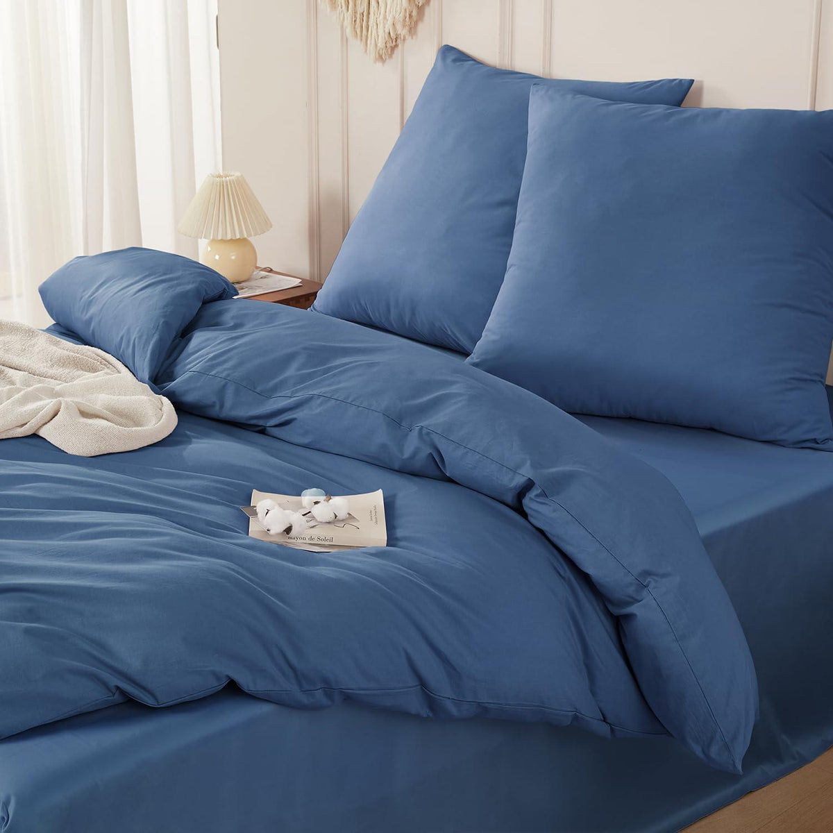 3tlg. Marineblau Bettwäsche-Set 200x220cm, Washed Baumwolle