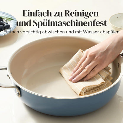 Bratpfanne 28cm mit Deckel, Keramik Antihaft, Induktion, Backofenfest, Blau