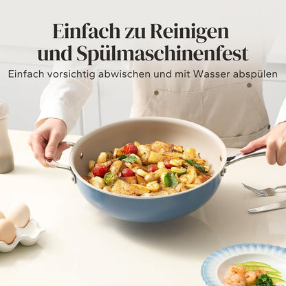 Bratpfanne 28cm mit Deckel, Keramik Antihaft, Induktion, Backofenfest, Blau