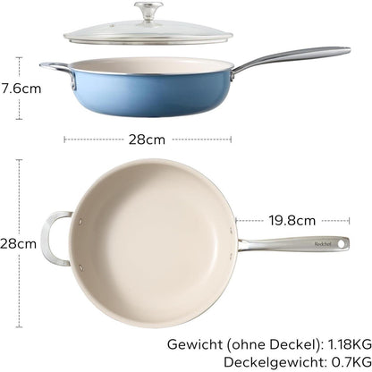 Bratpfanne 28cm mit Deckel, Keramik Antihaft, Induktion, Backofenfest, Blau