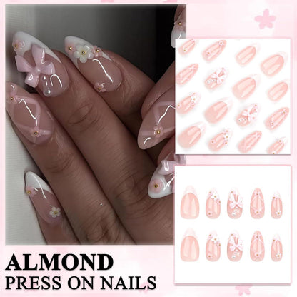 24 French Nägel mit Blume Schleife Design - Mandel Press On Nails
