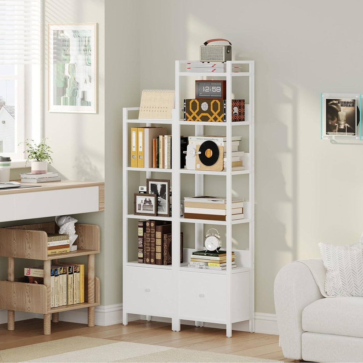 Bücherregal mit Schublade & 6 Ebenen – Weißes Standregal