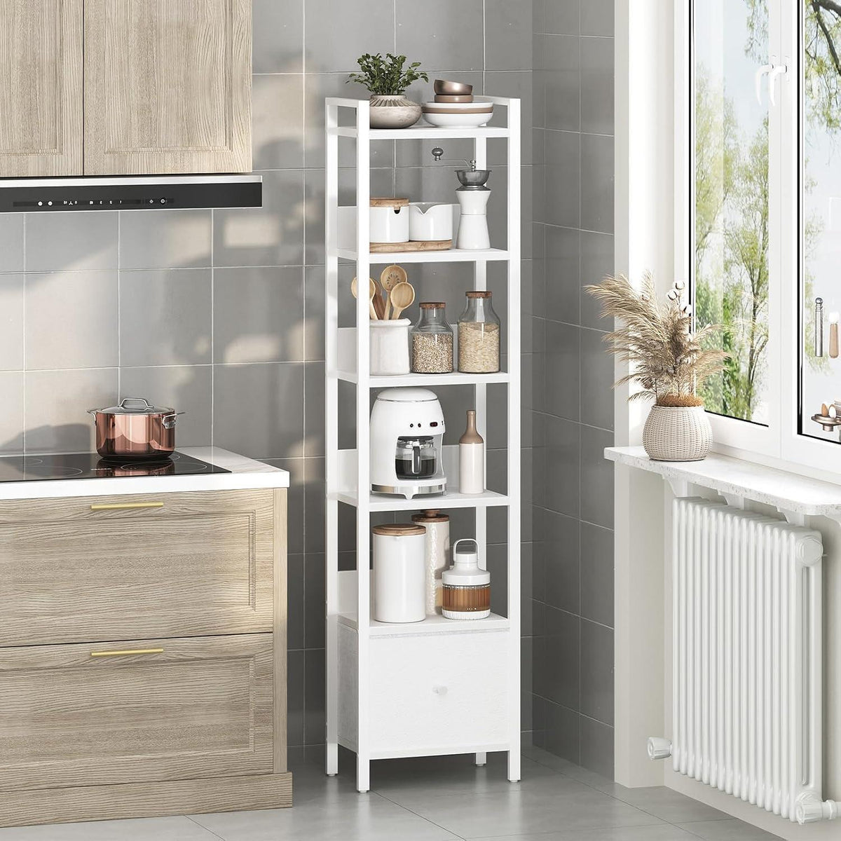 Bücherregal mit Schublade & 6 Ebenen – Weißes Standregal
