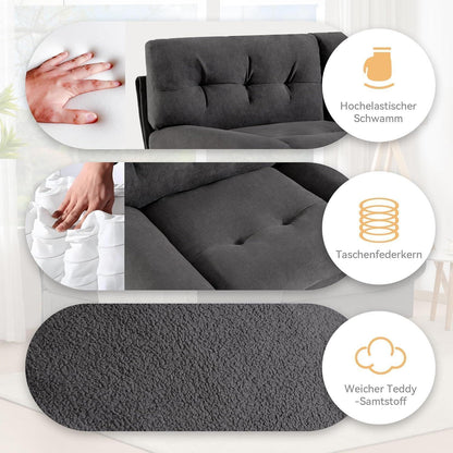 Wolkensofa Grau, 2-Sitzer mit Teddy-Samt & Seitentaschen