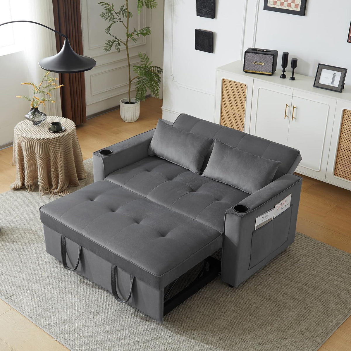 Klappbares Schlafsofa mit Getränkehaltern & Stauraum, Grau