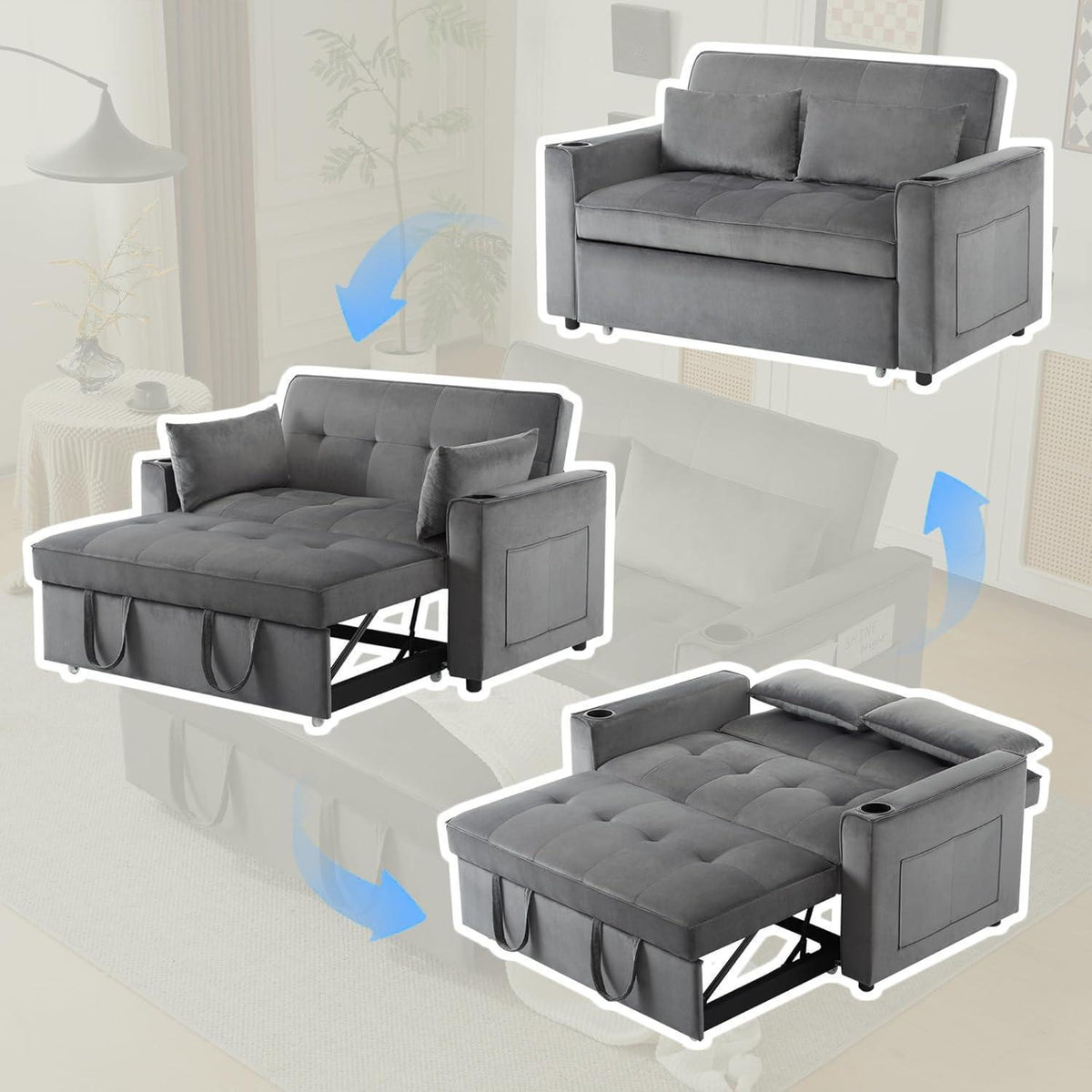 Klappbares Schlafsofa mit Getränkehaltern & Stauraum, Grau