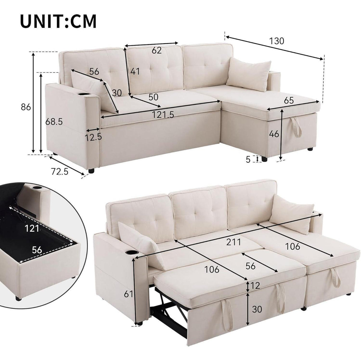 Ecksofa mit Schlaffunktion & Bettkasten, Beige