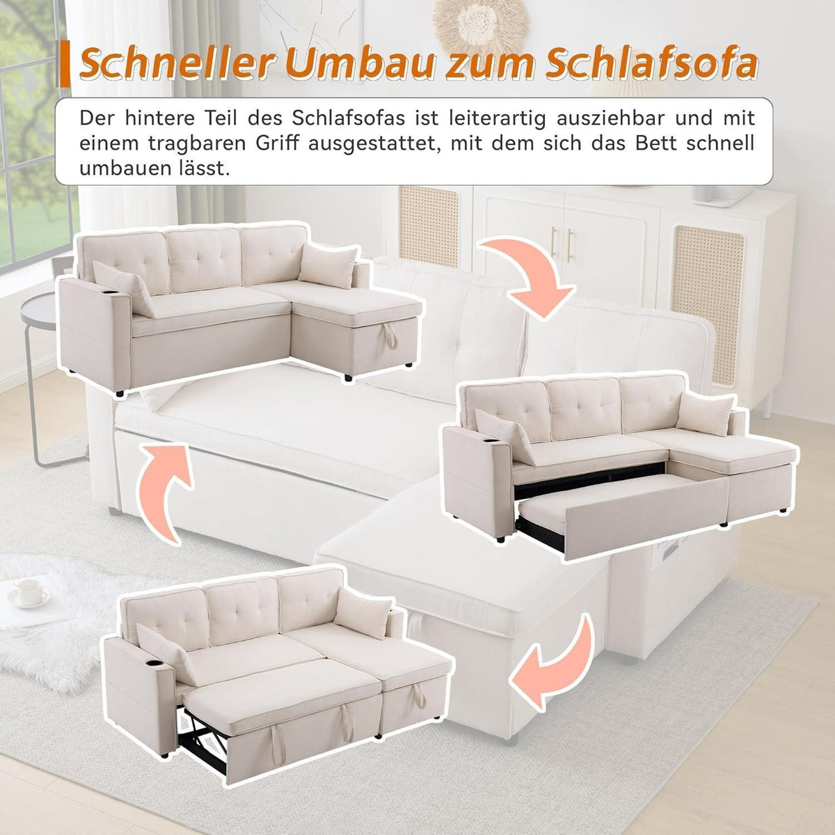 Ecksofa mit Schlaffunktion & Bettkasten, Beige