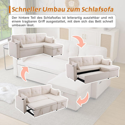 Ecksofa mit Schlaffunktion & Bettkasten, Beige
