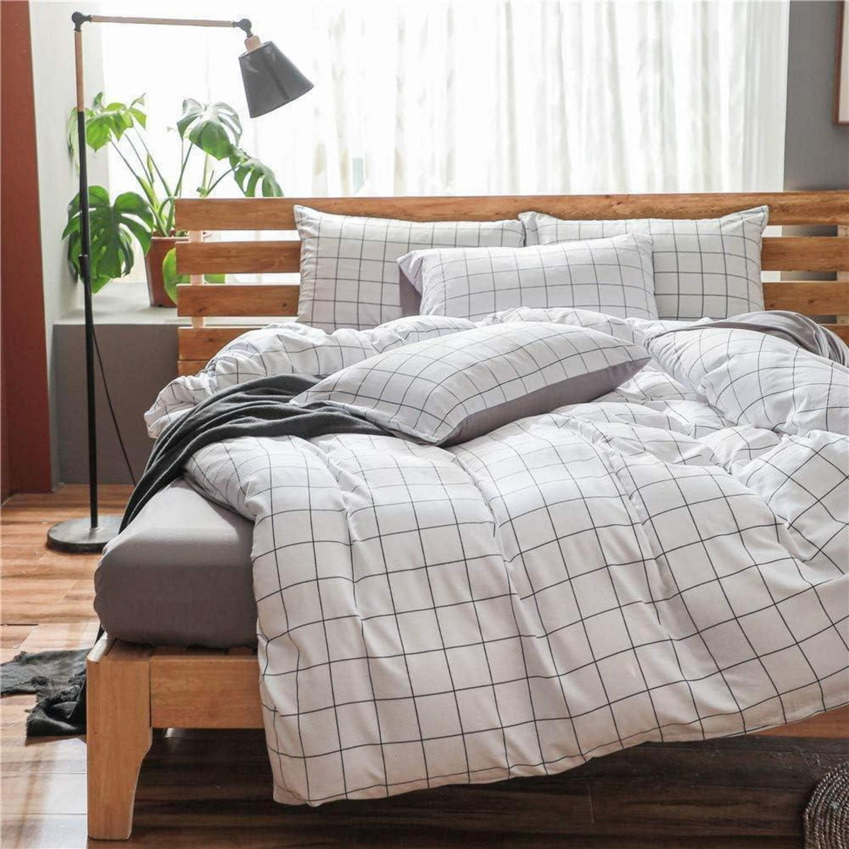 Weiß Kariertes Bettwäsche-Set 200x200cm mit Kissenbezügen