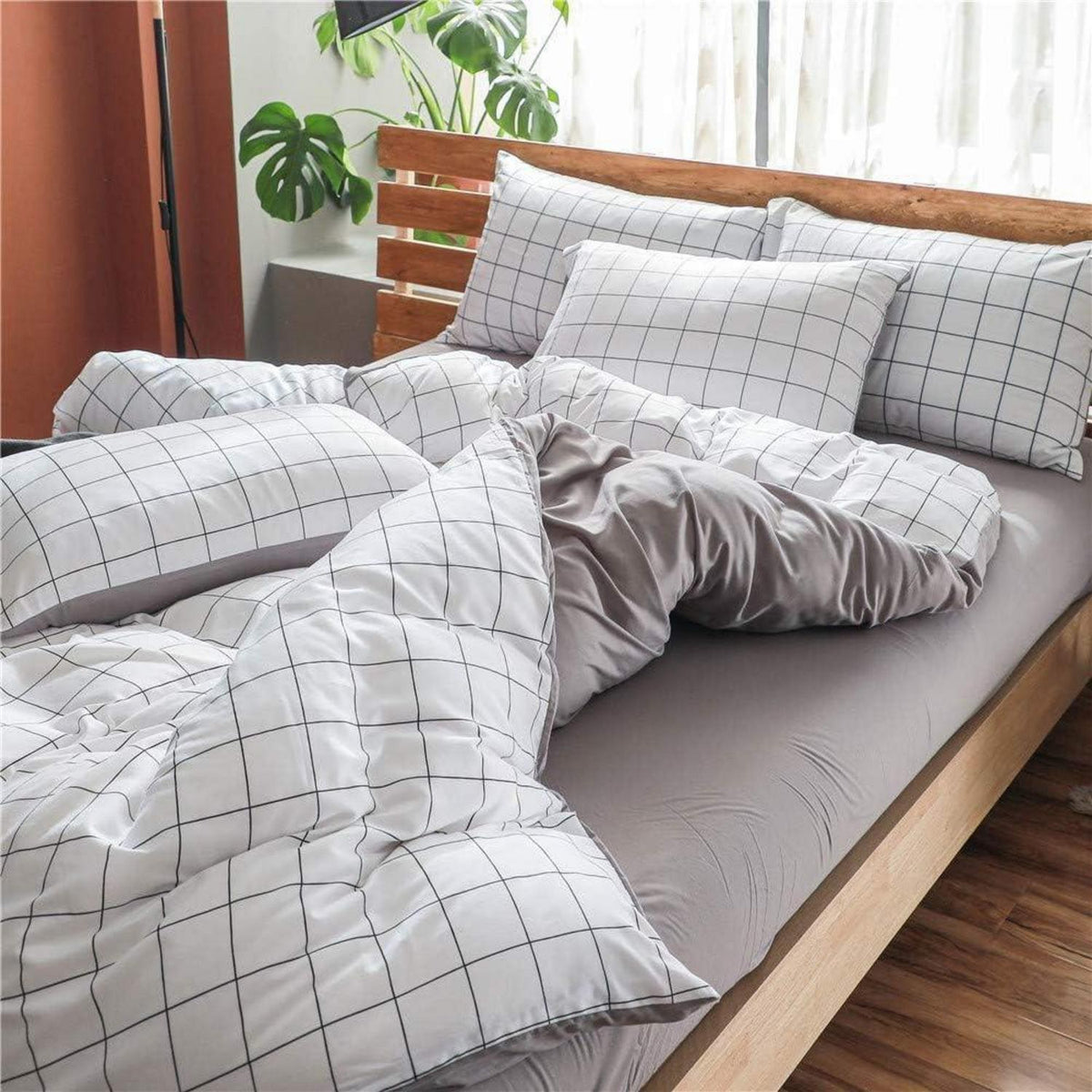 Weiß Kariertes Bettwäsche-Set 200x200cm mit Kissenbezügen