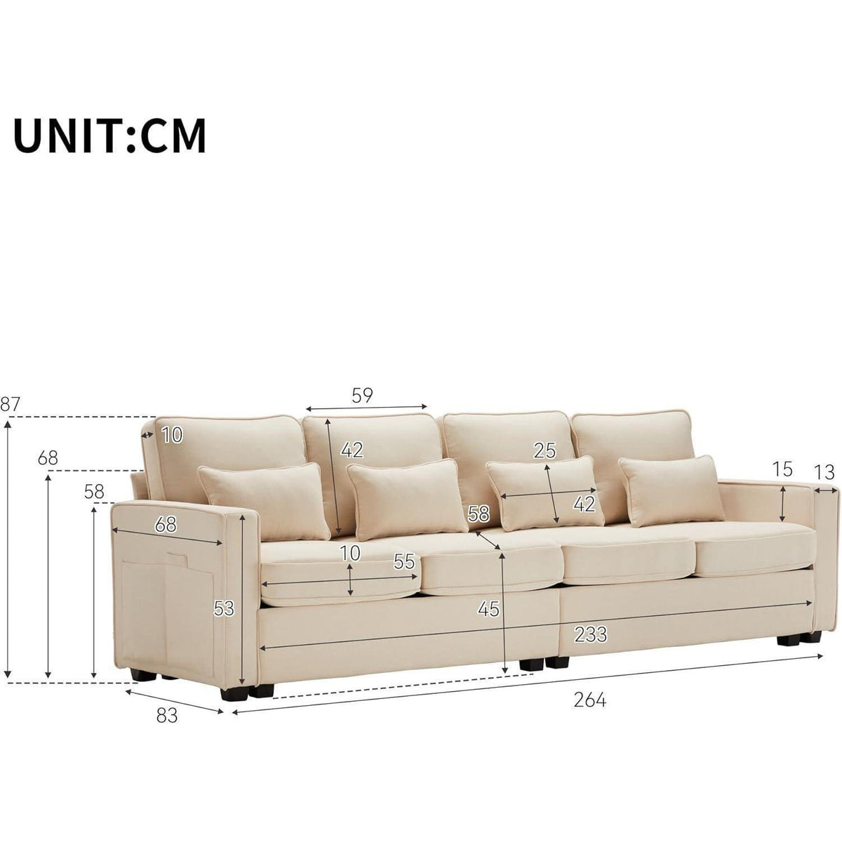 4-Sitzer Sofa XXL – Bequemes Leinenstoff Sofa Beige
