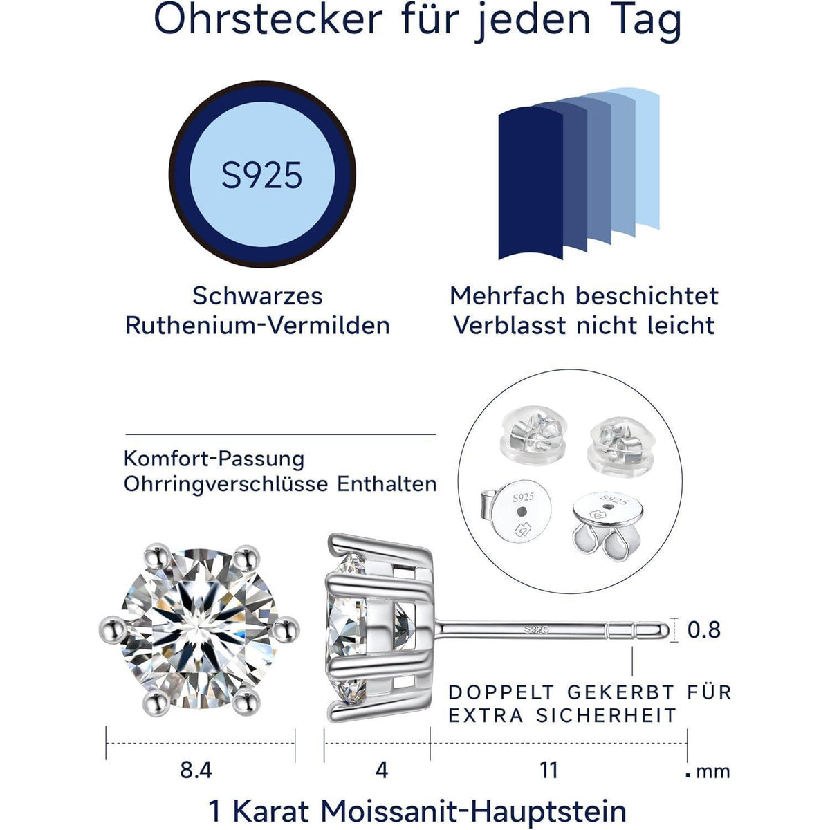 Moissanit Ohrstecker Silber 925 Damen – 3 Karat Stecker Ohrringe