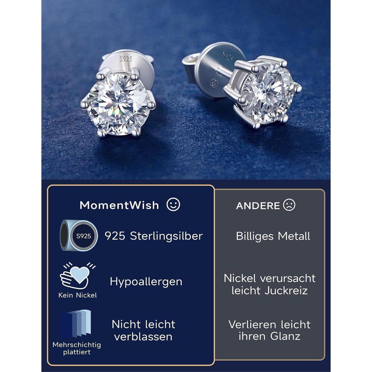 Moissanit Ohrstecker Silber 925 Damen – 3 Karat Stecker Ohrringe