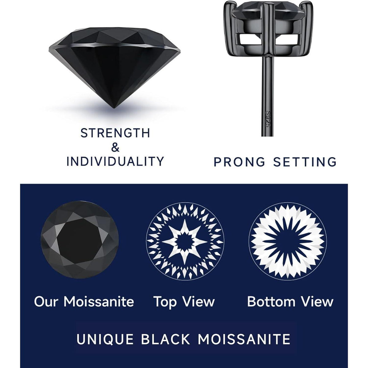 Schwarze Moissanite Ohrstecker 4 Karat 8mm 925 Silber Herren Damen