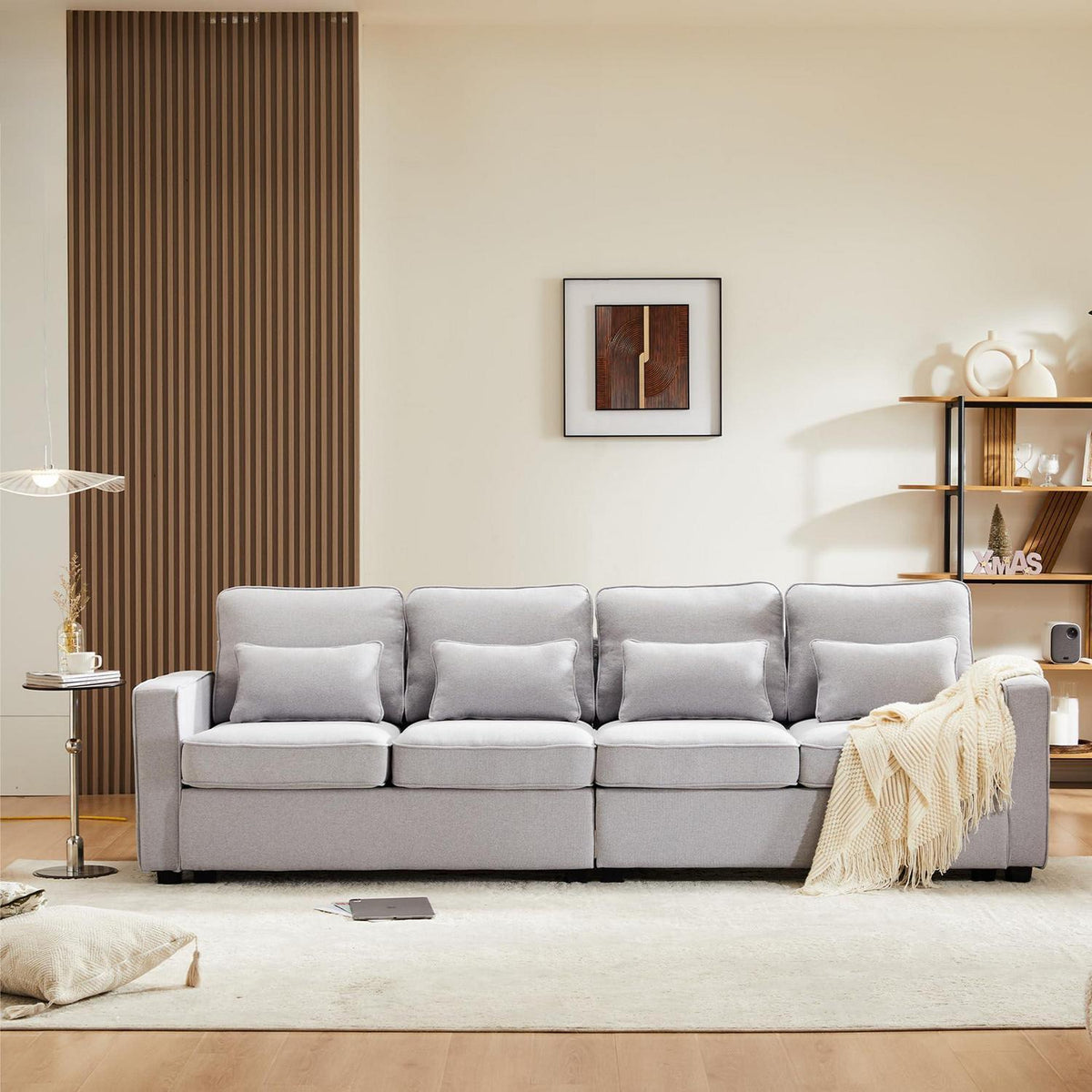 4-Sitzer Sofa Grau – XXL Couch mit Leinenstoff & Seitentaschen