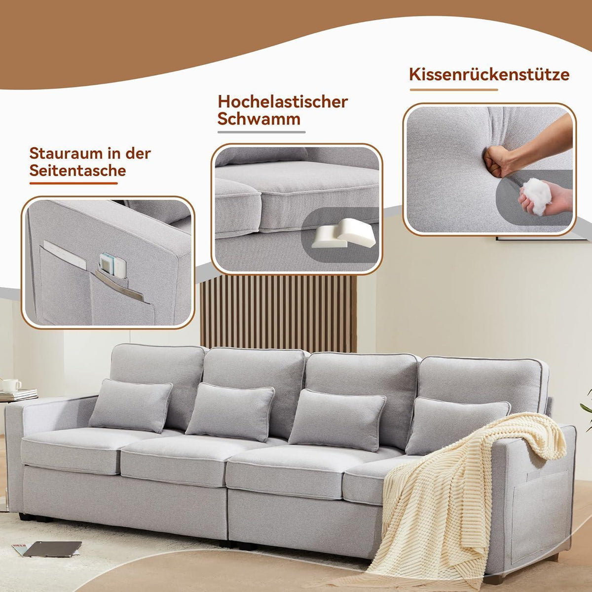 4-Sitzer Sofa Grau – XXL Couch mit Leinenstoff & Seitentaschen