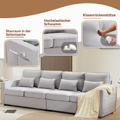 4-Sitzer Sofa Grau – XXL Couch mit Leinenstoff & Seitentaschen