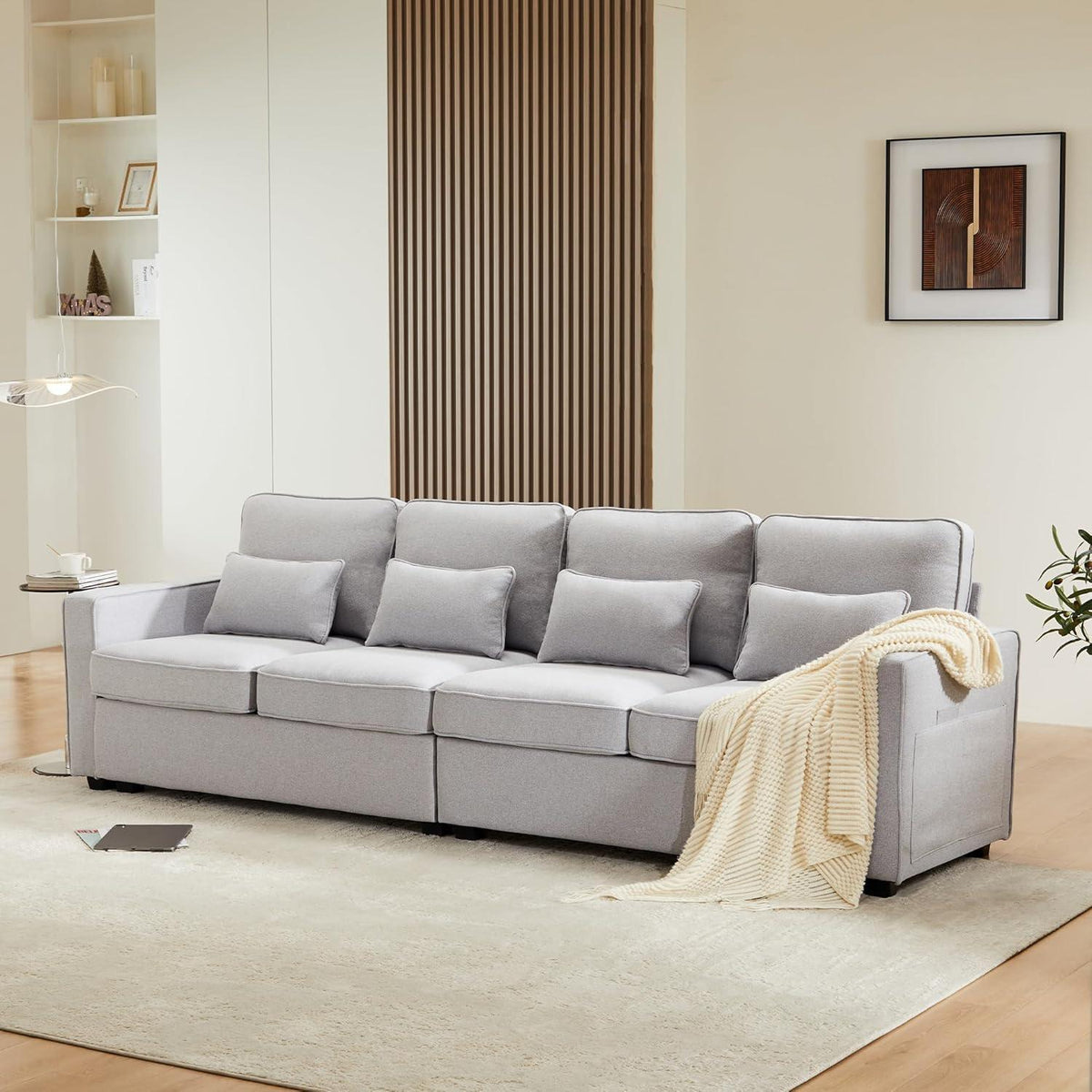 4-Sitzer Sofa Grau – XXL Couch mit Leinenstoff & Seitentaschen