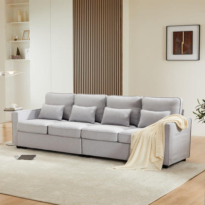 4-Sitzer Sofa Grau – XXL Couch mit Leinenstoff & Seitentaschen
