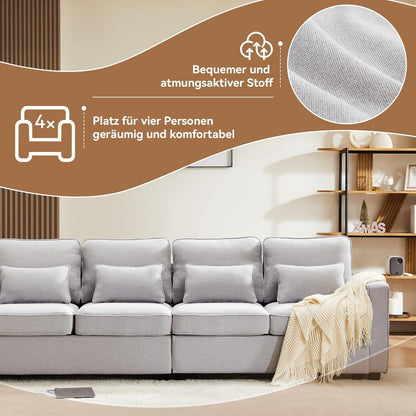 4-Sitzer Sofa Grau – XXL Couch mit Leinenstoff & Seitentaschen