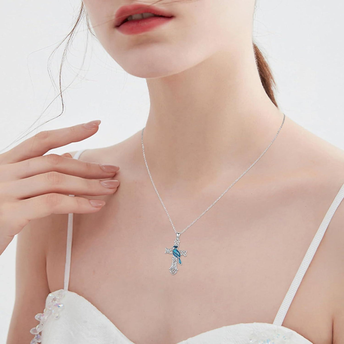 925 Sterling Silber Tier Halskette mit Blauhäher Kreuz Anhänger