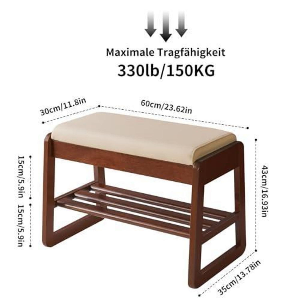 Massivholz Schuhbank mit Kissen & Klappdeckel – 60cm Walnuss