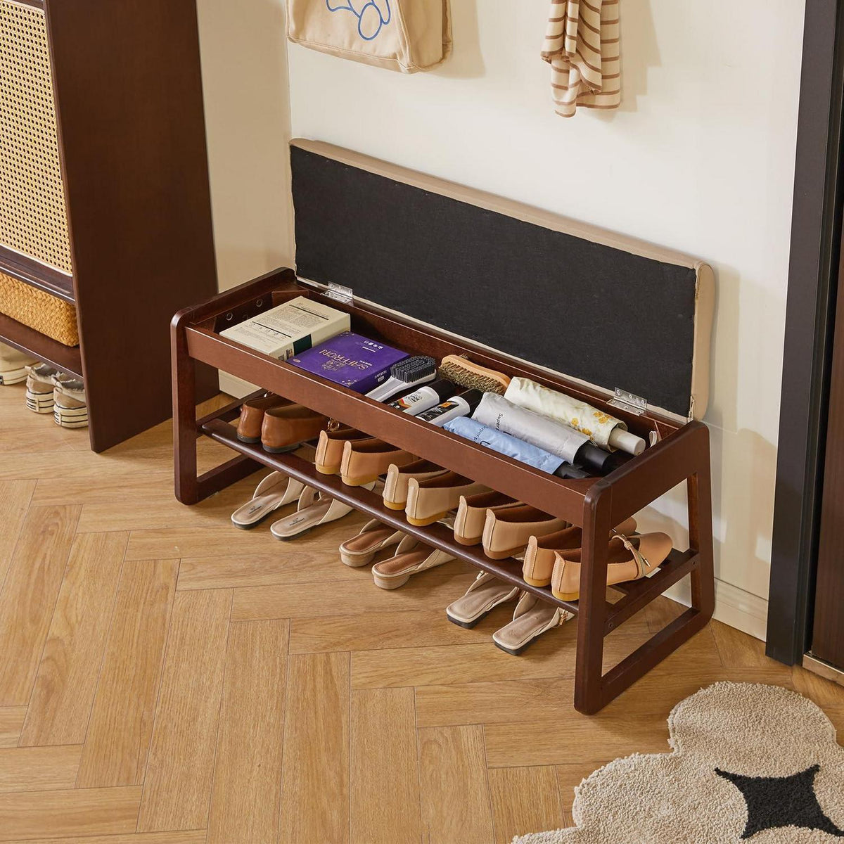 Holz Schuhbank mit Kissen & Klappdeckel – Sitzbank 100cm