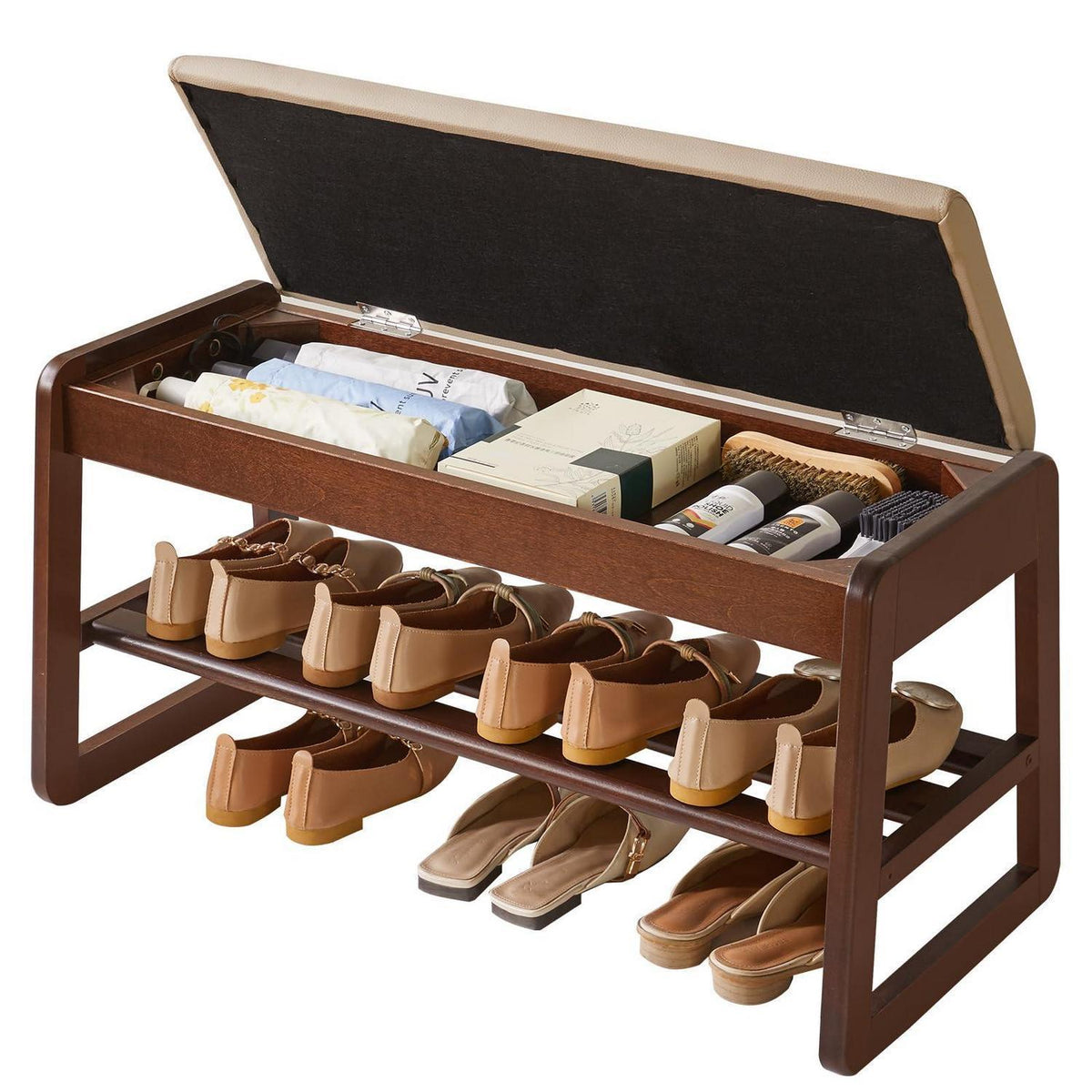 Massivholz Schuhbank mit Stauraum & Sitzkissen – 80cm Walnuss