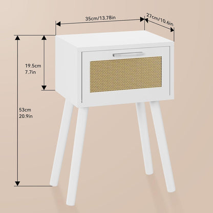 2er Set Rattan Nachttisch mit Magnetschublade, Weiß