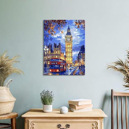 Londoner Stadtbild: Big Ben & Roter Bus Leinwandbild mit Rahmen