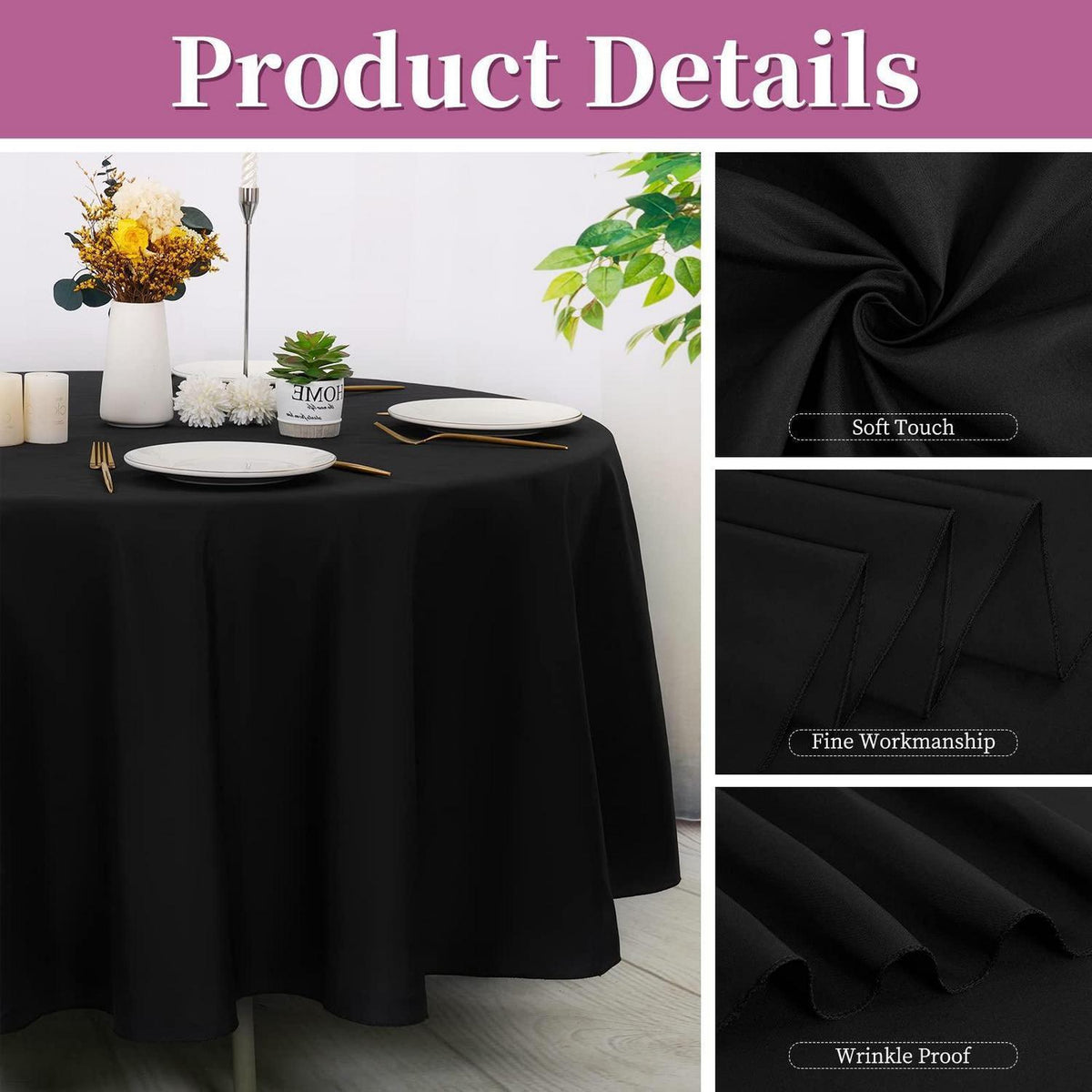 8x Runde Tischdecke Schwarz 229 cm – Polyester, Knitterfrei