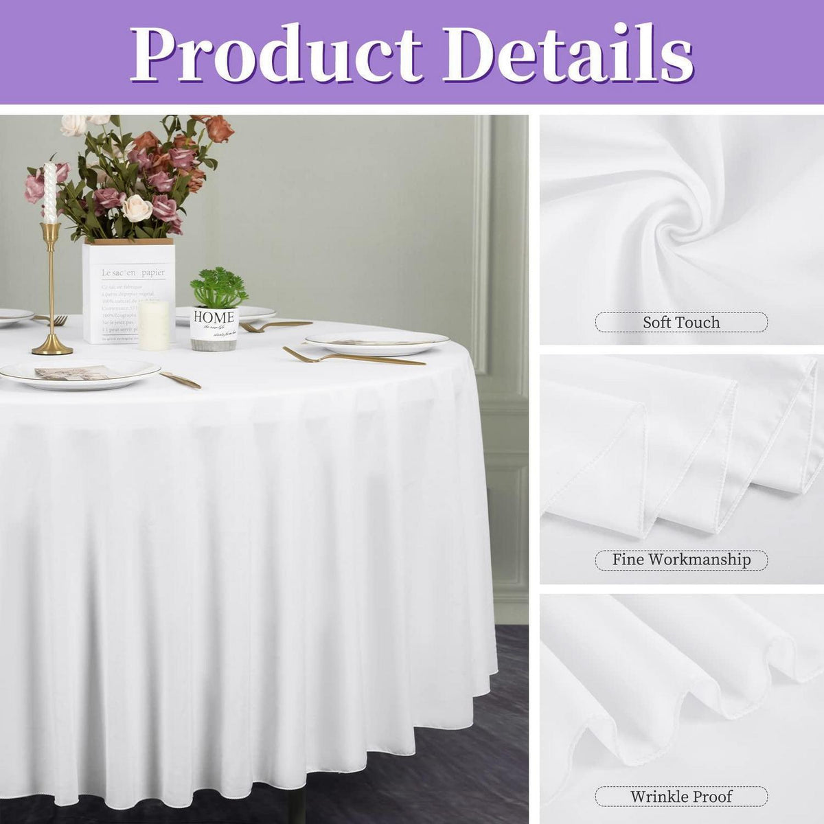 8x Runde Tischdecke Weiß 229 cm – Polyester, Knitterfrei