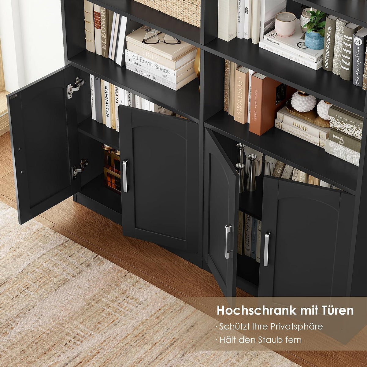 Bücherregal mit Türen & Fächern – Hochschrank 185,5 cm Schwarz