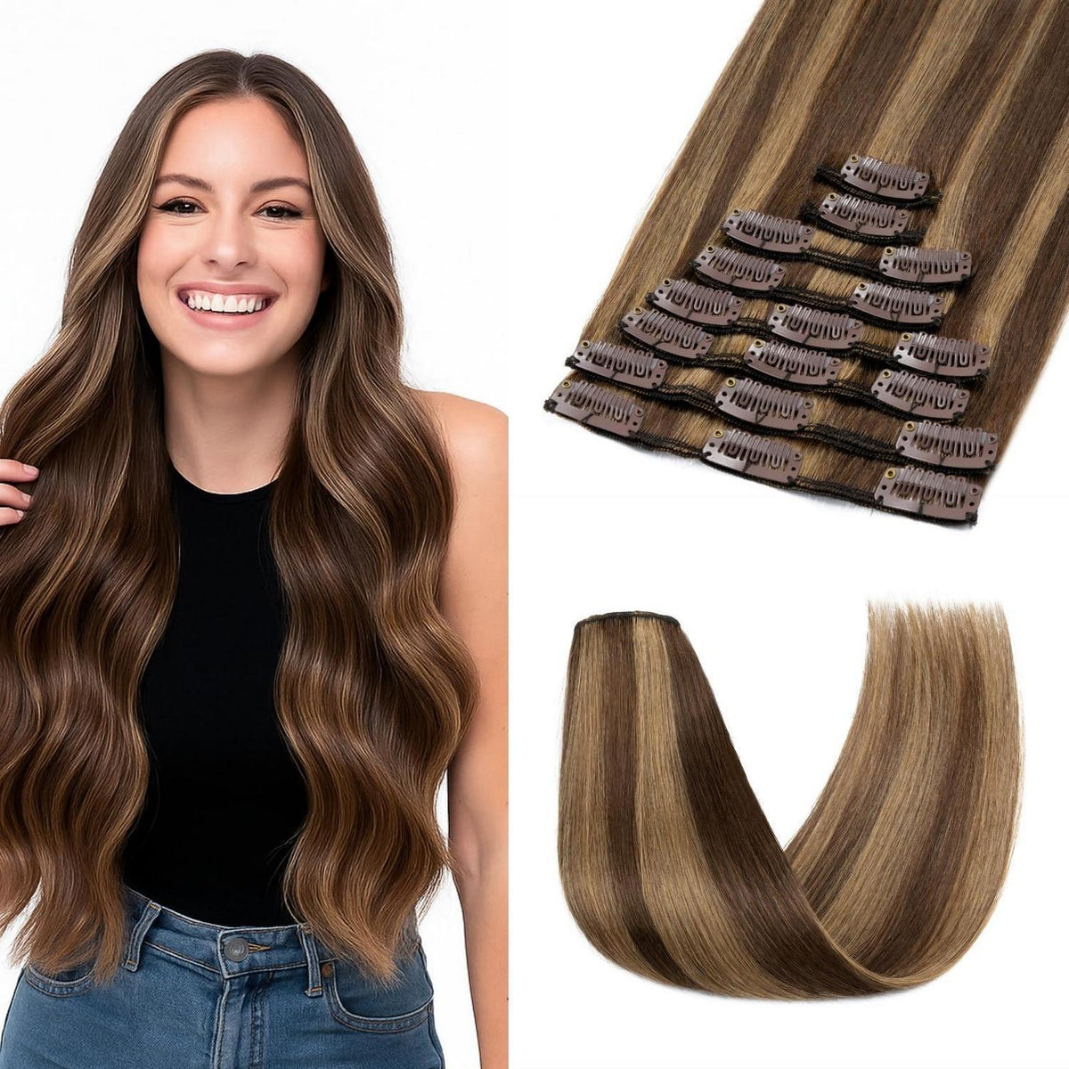 Clip-in Haarverlängerung Echthaar 50cm Mittelbraun/Dunkelblond