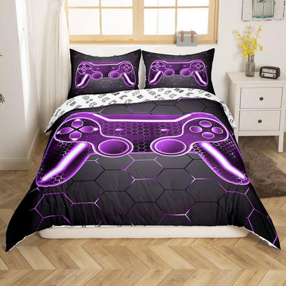 Gamer Bettwäsche Set 135x200cm – Lila Schwarz Geometrisch