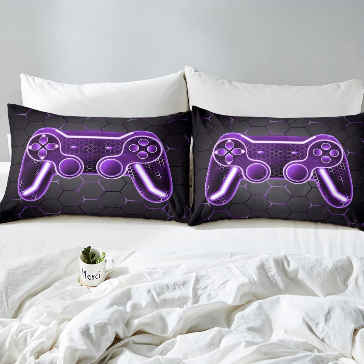Gamer Bettwäsche Set 135x200cm – Lila Schwarz Geometrisch