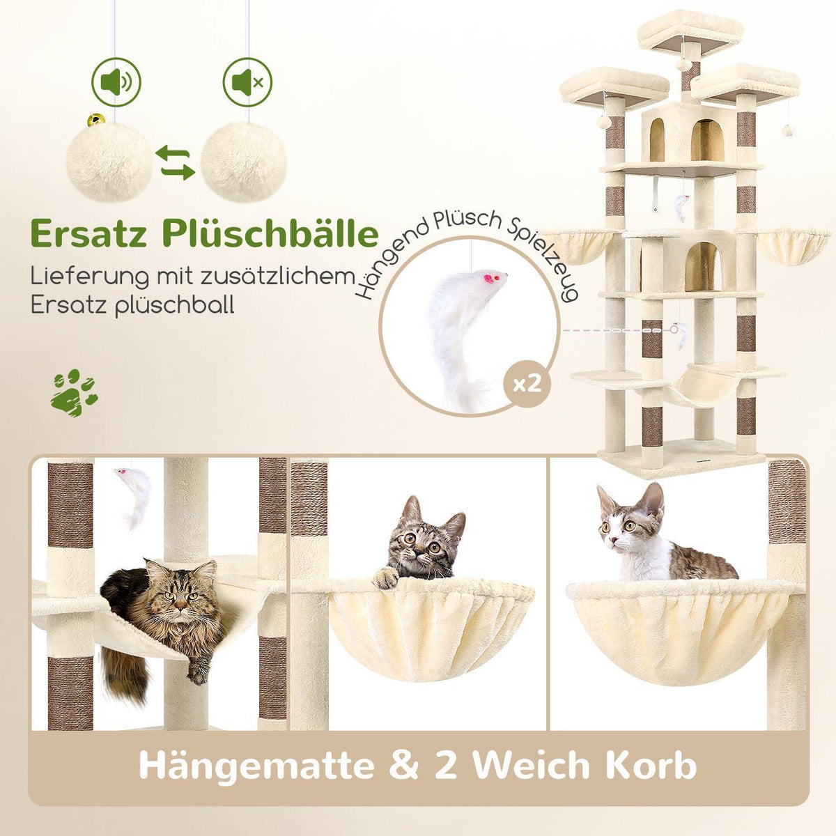 XXL Kratzbaum Beige mit Hängematte – 204cm für Katzen