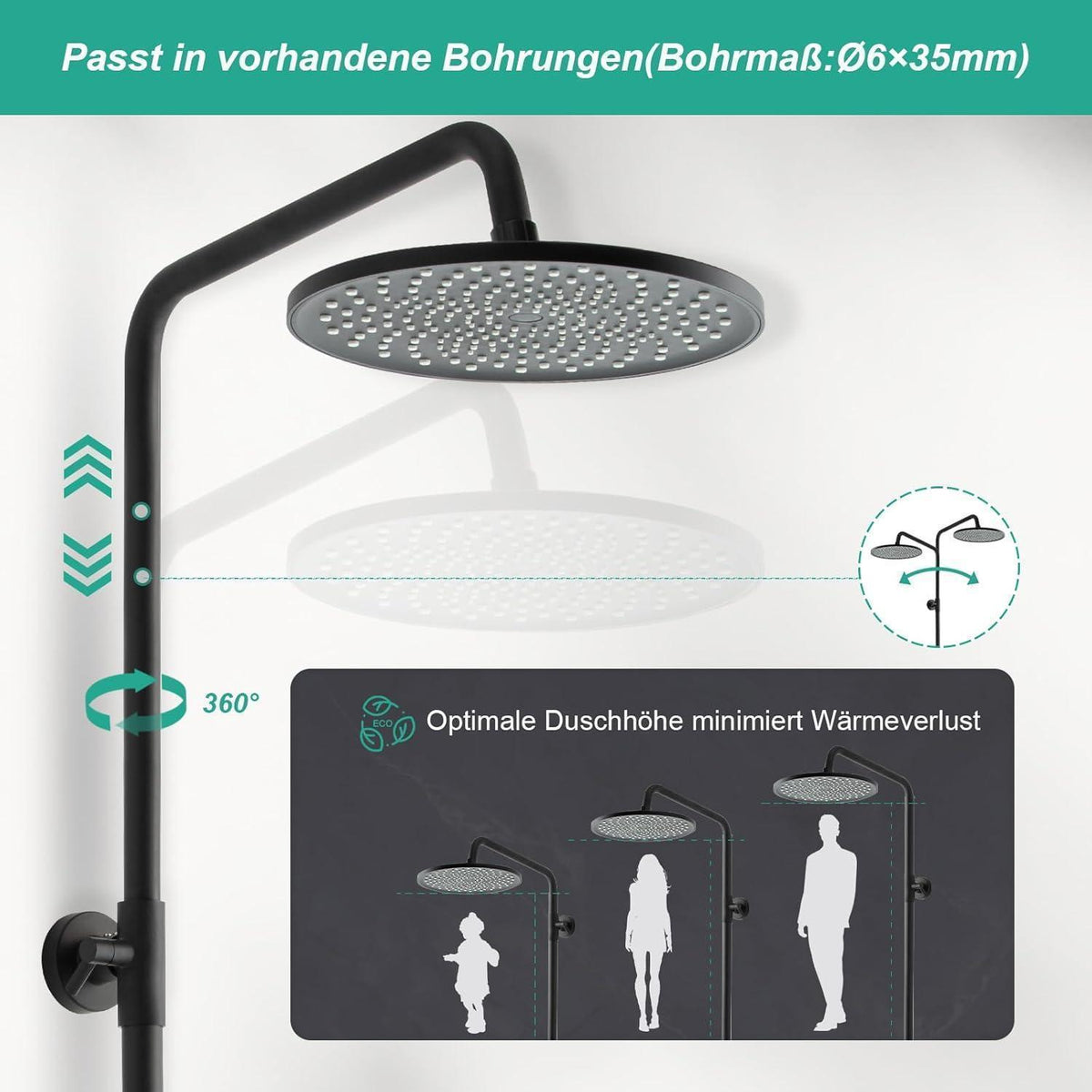 Rundes Duschsystem Schwarz – Höhenverstellbar & 6 Strahlarten
