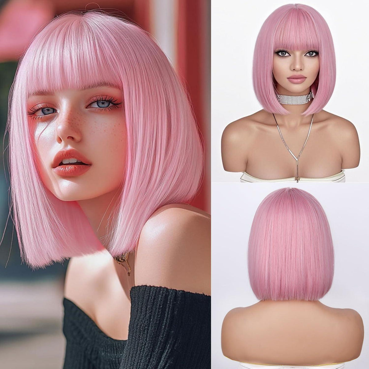 Pinker Bob mit Pony – Kurze Blonde Damen Perücke Schulterlang