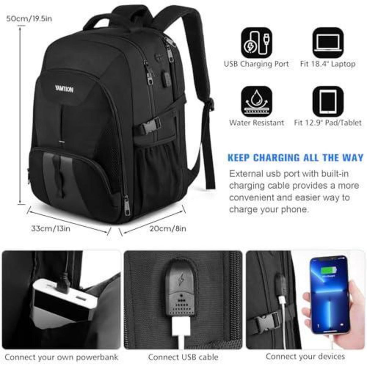 Laptop Rucksack Schwarz Groß – Wasserdichter TSA-freundlicher Schulrucksack